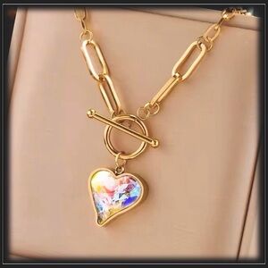 New Gold Crystal Heart Aurora Borealis Prism Minimalist Paperclip Chain Necklace